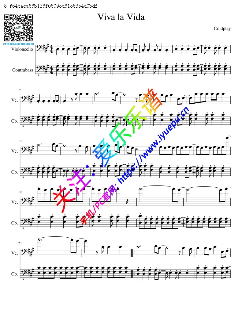 生命万岁vivalavida,vivalavida 生命万岁 viva la vida 大提琴低音提琴二重奏 总谱分