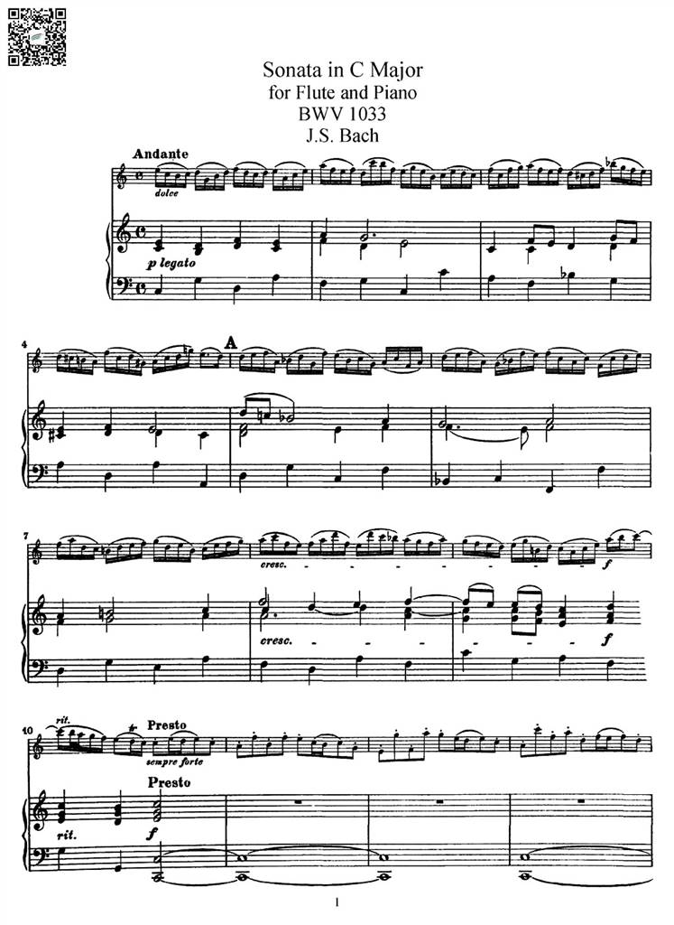 巴赫c大调长笛奏鸣曲 bwv 1033 钢伴谱peter