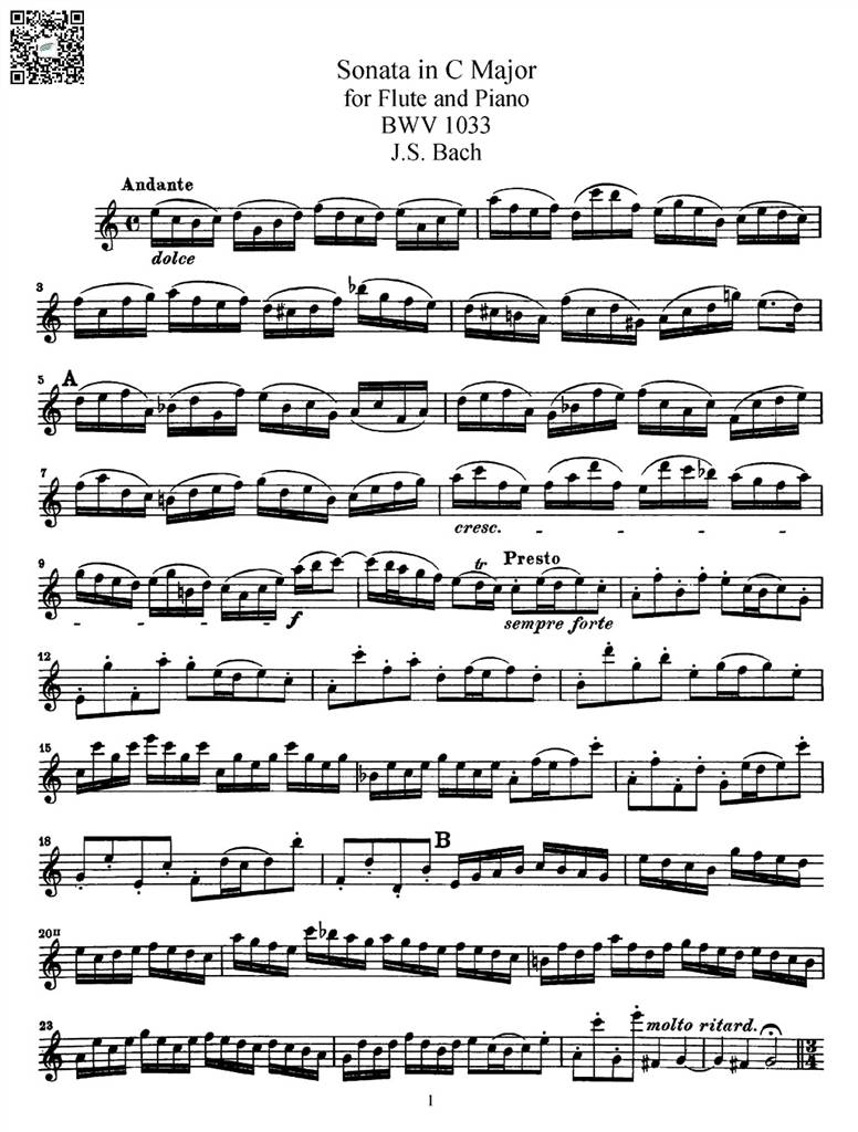 巴赫c大调长笛奏鸣曲 bwv 1033 长笛谱peter
