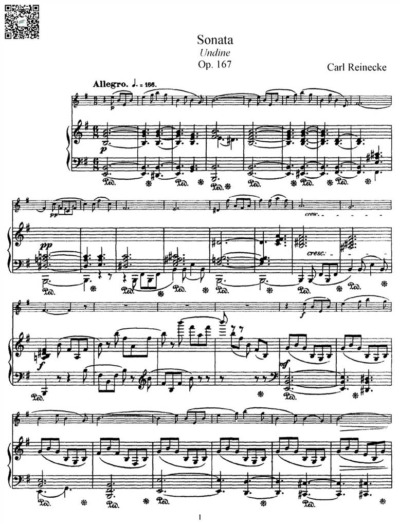 赖内克女水神奏鸣曲 op167 长笛钢伴谱