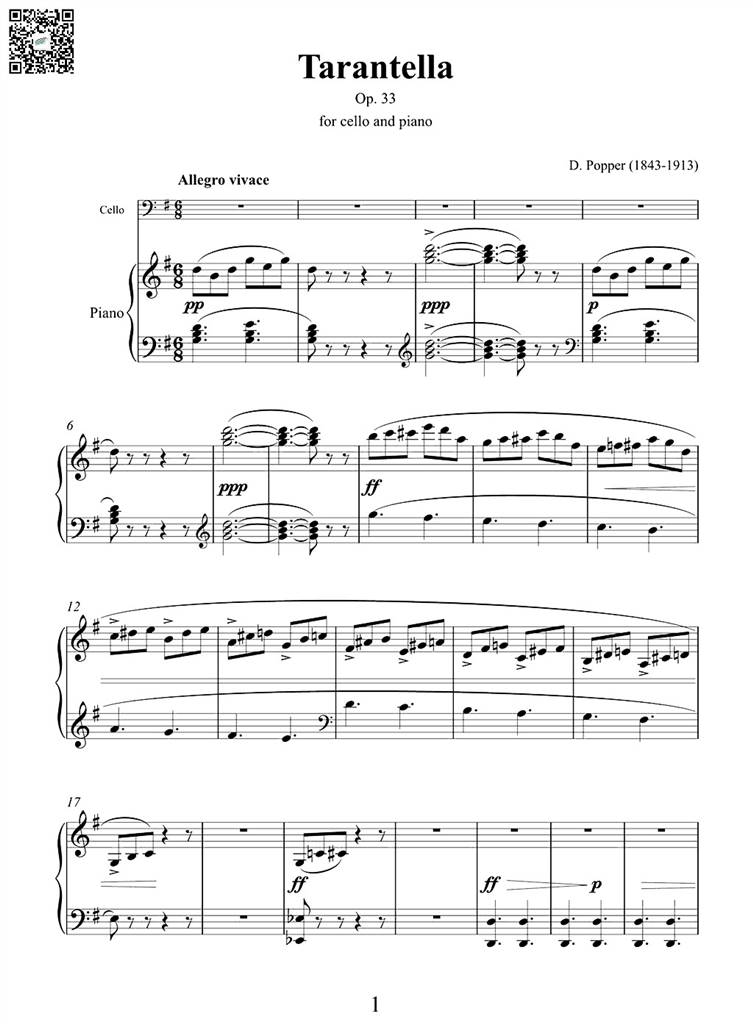 popper波佩尔塔兰泰拉舞曲op33 大提琴钢伴谱