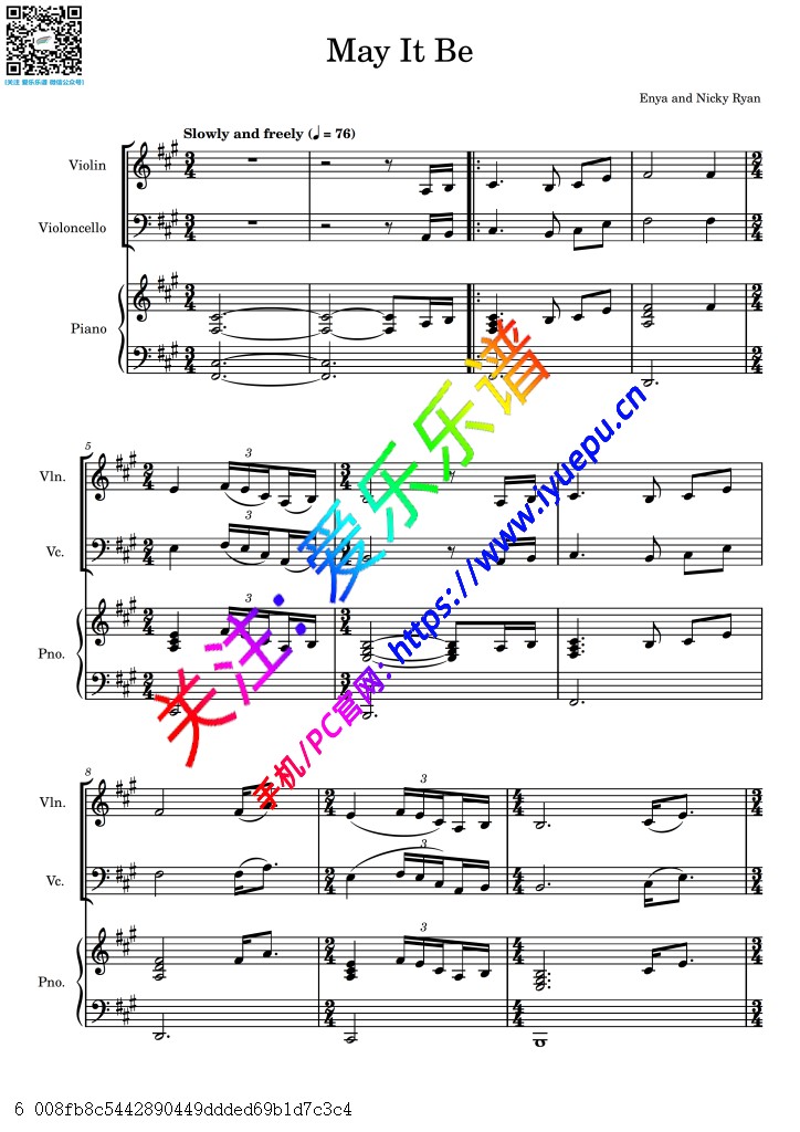 Lord of the rings 指环王(魔戒 )主题曲 May it be 小提琴大提琴钢琴合奏V1-总谱与分谱 乐谱曲谱总谱分谱伴奏音乐在线预览试听下载