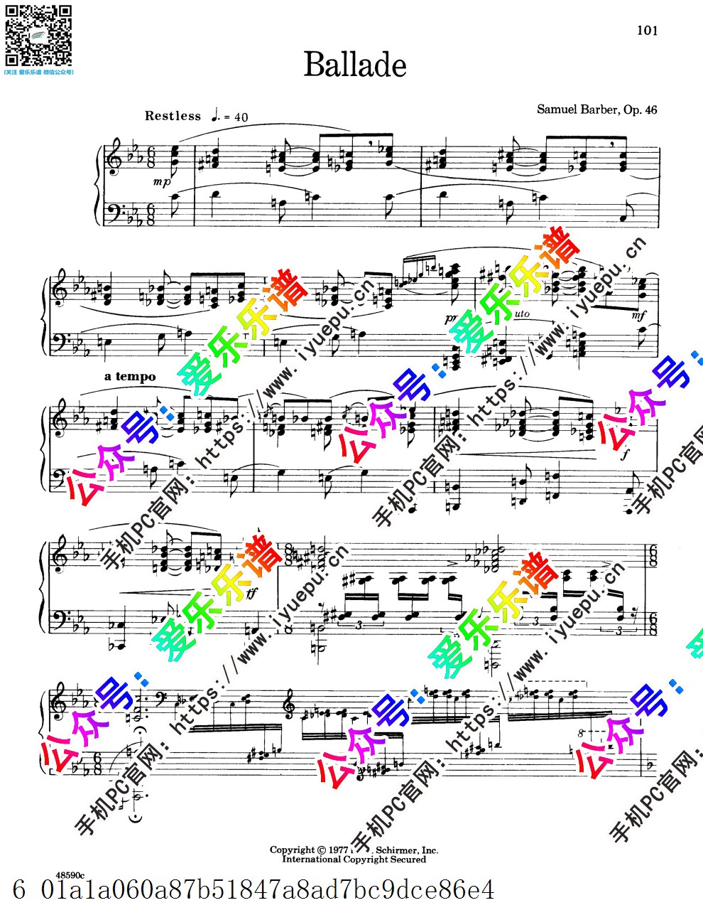 Samuel Barber塞缪尔-巴伯 Ballade Op.46 叙事曲 钢琴谱 原版 乐谱曲谱总谱分谱伴奏音乐在线预览试听下载