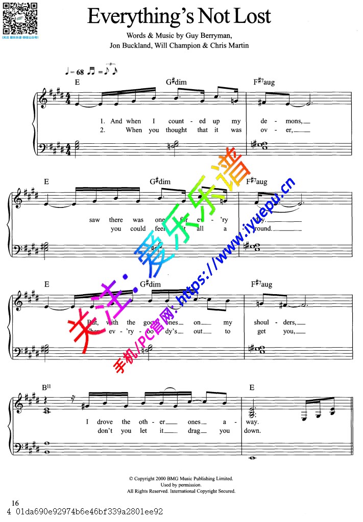 Coldplay-Guy Berryman-Everything's not lost 歌曲 钢琴弹唱谱 乐谱曲谱总谱分谱伴奏音乐在线预览试听下载