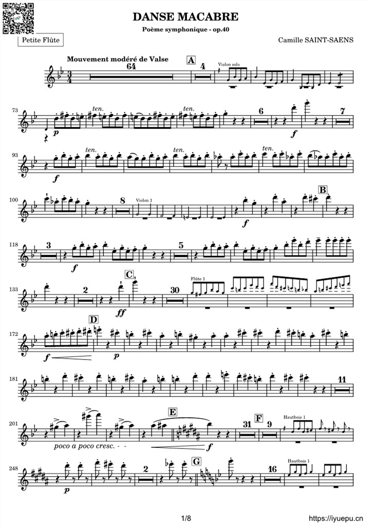 圣桑OP40 交响诗骷髅之舞 Danse macabre 交响乐谱piccolo-flute I-II分谱 乐谱曲谱总谱分谱伴奏音乐在线预览试听下载