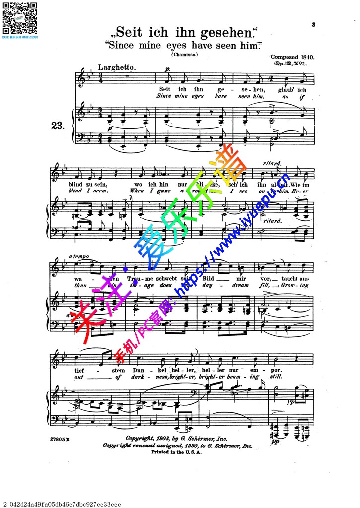 舒曼 Op42No1seit ich ihn gesehen 高音 声乐谱 钢琴伴奏谱 乐谱曲谱总谱分谱伴奏音乐在线预览试听下载