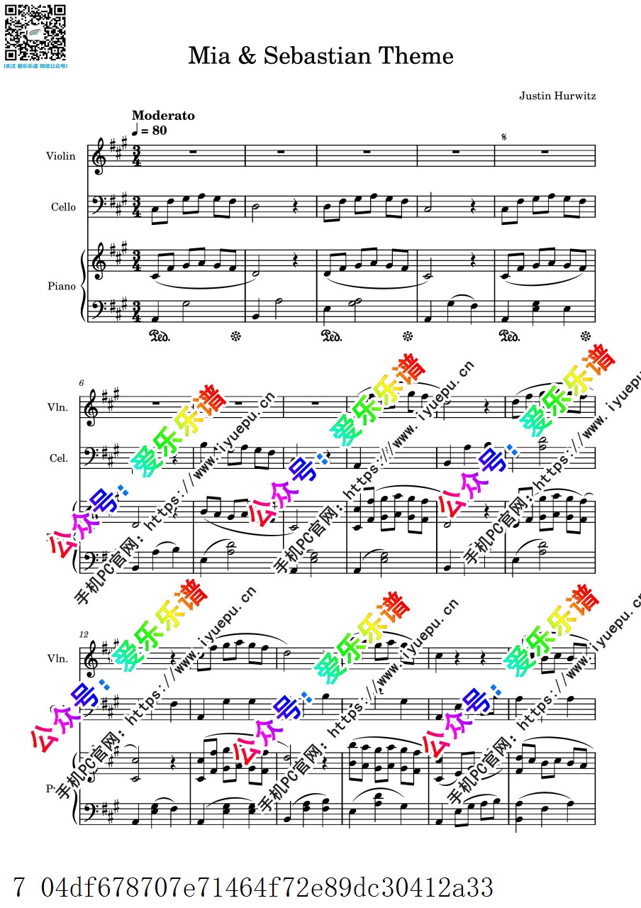 Lalaland 爱乐之城插曲 Mia and Sebastian's Theme 小提琴大提琴钢琴三重奏 总分谱 乐谱曲谱总谱分谱伴奏音乐在线预览试听下载