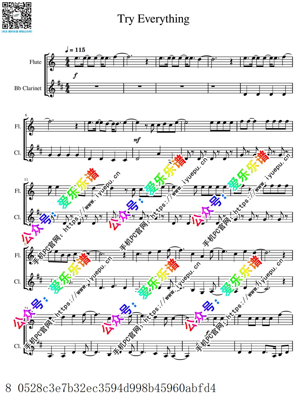 疯狂动物城主题曲 Try Everything 长笛单簧管二重奏-总谱和分谱 乐谱曲谱总谱分谱伴奏音乐在线预览试听下载