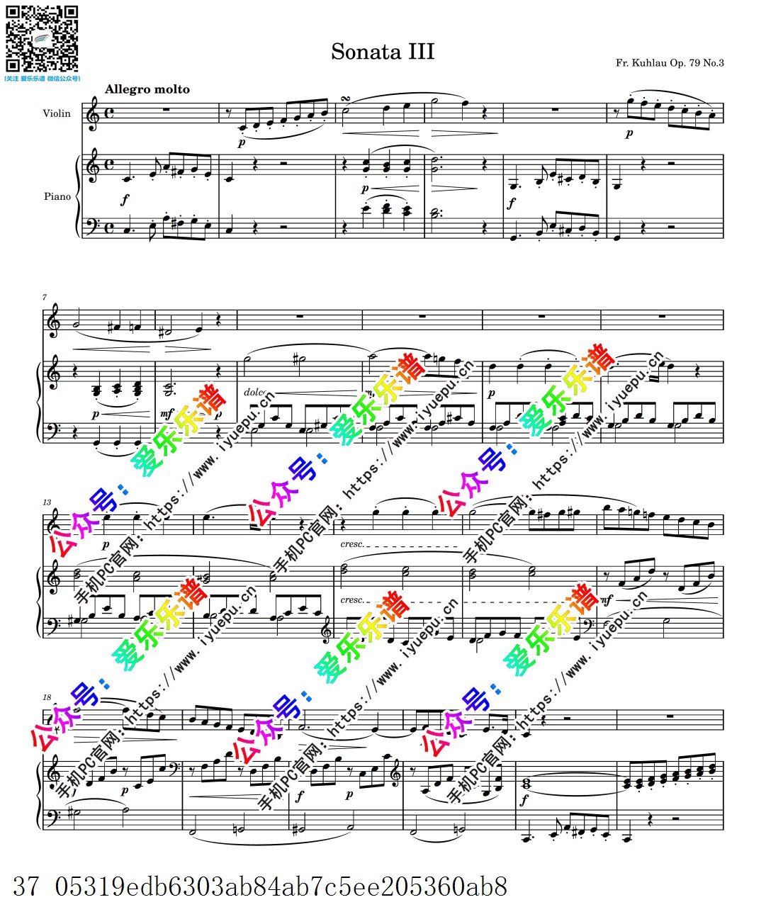 Kuhlau 库劳C大调奏鸣曲 Sonata in C major  Op.79 No.3 小提琴谱与钢琴伴奏谱-总谱分谱 乐谱曲谱总谱分谱伴奏音乐在线预览试听下载