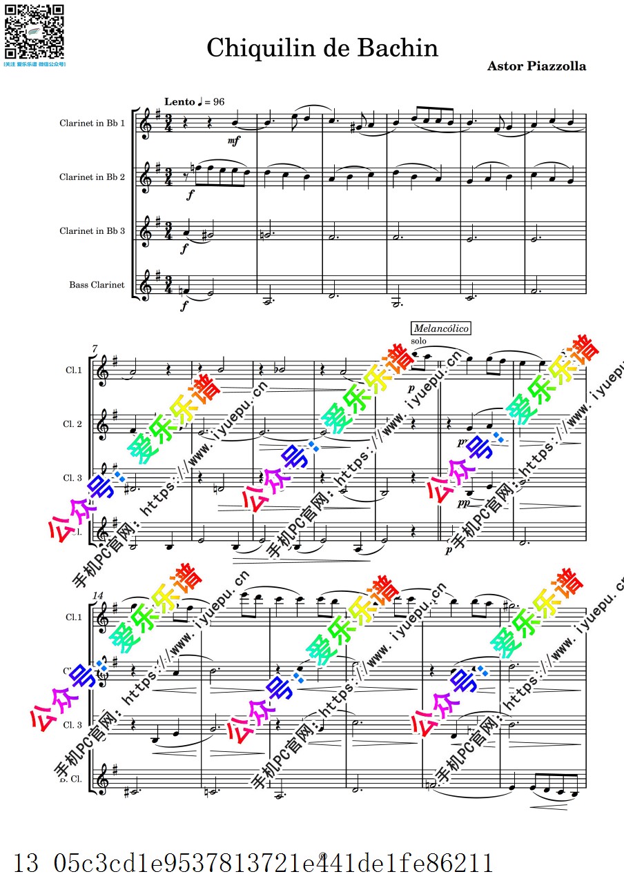 Astor Piazzolla 皮亚佐拉 Chiquilin de Bachin 巴钦餐馆的卖花小孩 4单簧管四重奏-总谱和分谱 乐谱曲谱总谱分谱伴奏音乐在线预览试听下载