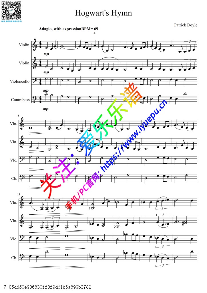 电影 哈利波特 插曲 Hogwarts Hymn 2小提琴大提琴低音提琴 弦乐四重奏-总谱与分谱 乐谱曲谱总谱分谱伴奏音乐在线预览试听下载