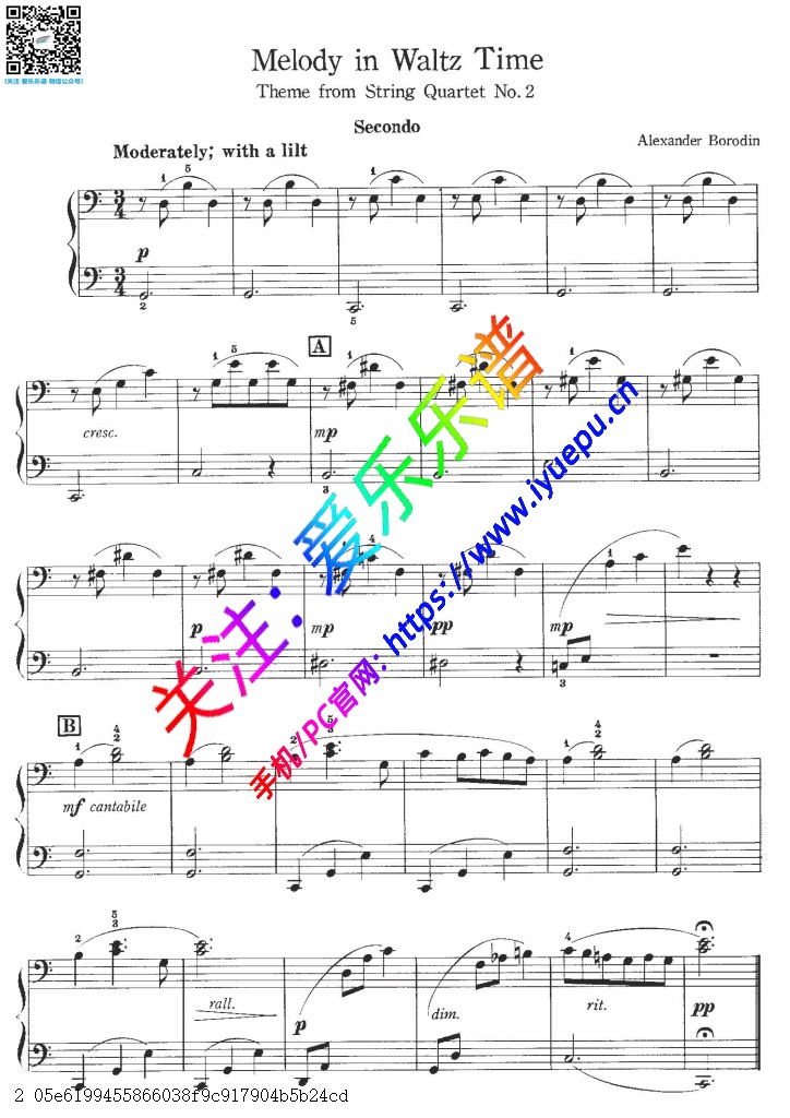 鲍罗丁 Melody in waltz time钢琴四手联弹谱 钢琴二重奏谱 乐谱曲谱总谱分谱伴奏音乐在线预览试听下载