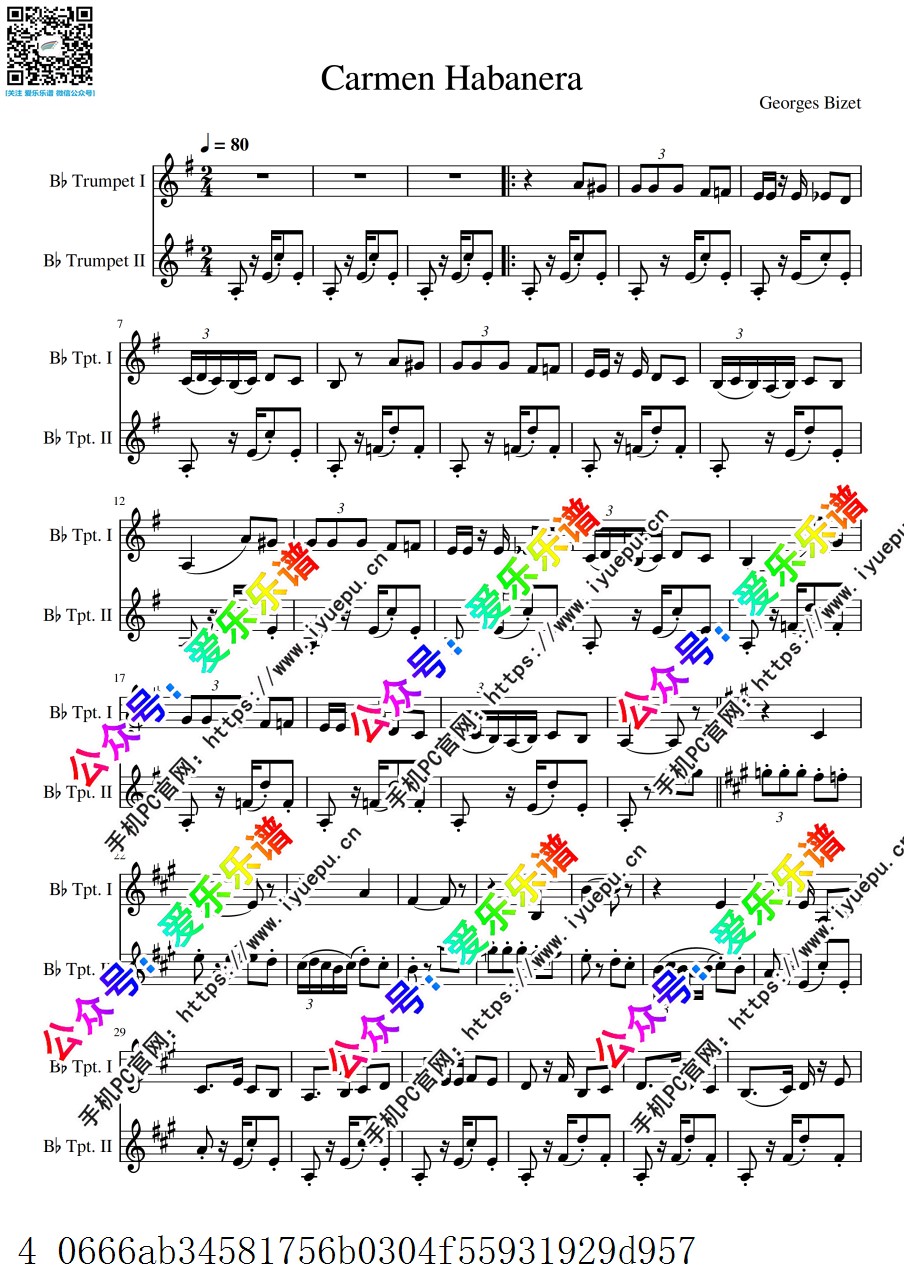 卡门-哈巴涅拉舞曲 Habanera 爱情像一只自由鸟 2小号二重奏 总谱分谱 乐谱曲谱总谱分谱伴奏音乐在线预览试听下载