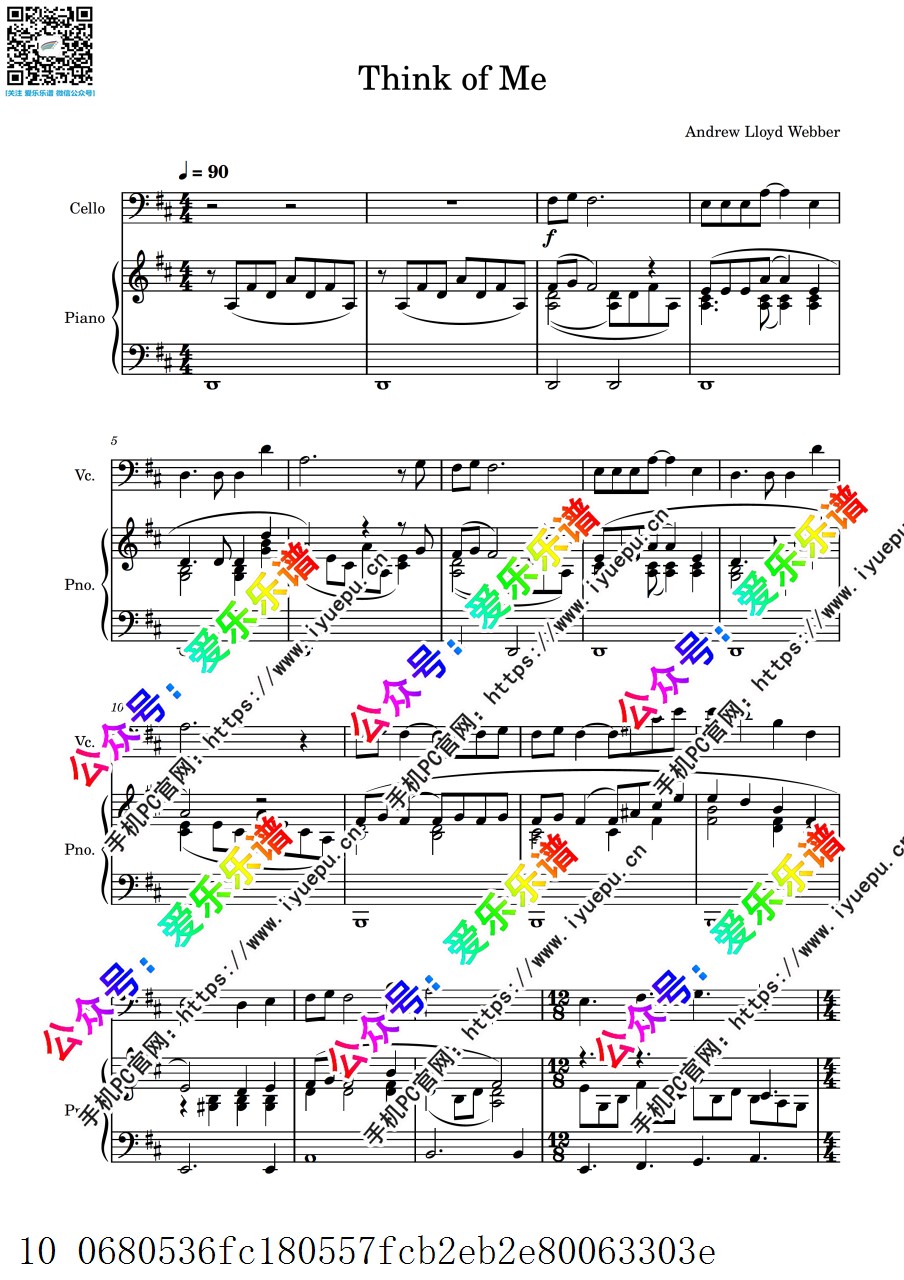 歌剧魅影插曲 Think of Me from Phantom of the Opera 大提琴谱与钢琴伴奏谱 总分谱 乐谱曲谱总谱分谱伴奏音乐在线预览试听下载