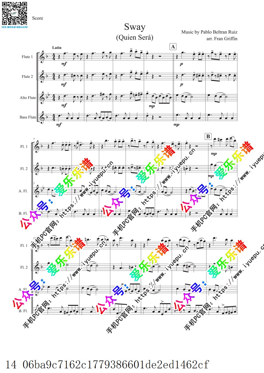 Sway-Pablo Beltran Ruiz 4长笛四重奏 总谱与分谱 乐谱曲谱总谱分谱伴奏音乐在线预览试听下载
