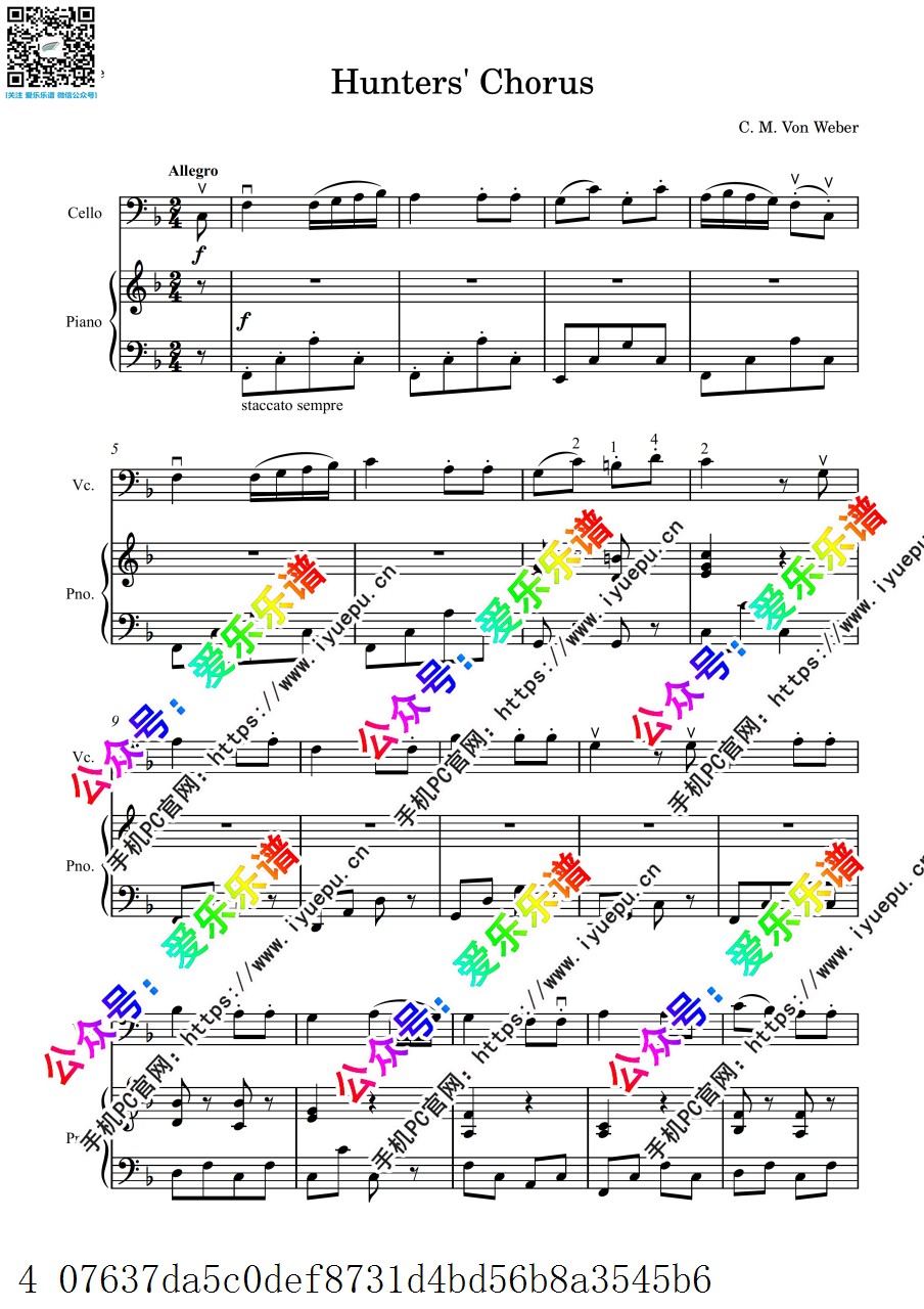 Weber 韦伯 Hunters CHorus 猎人的合唱 大提琴谱与钢琴伴奏谱 in F 总谱分谱 乐谱曲谱总谱分谱伴奏音乐在线预览试听下载