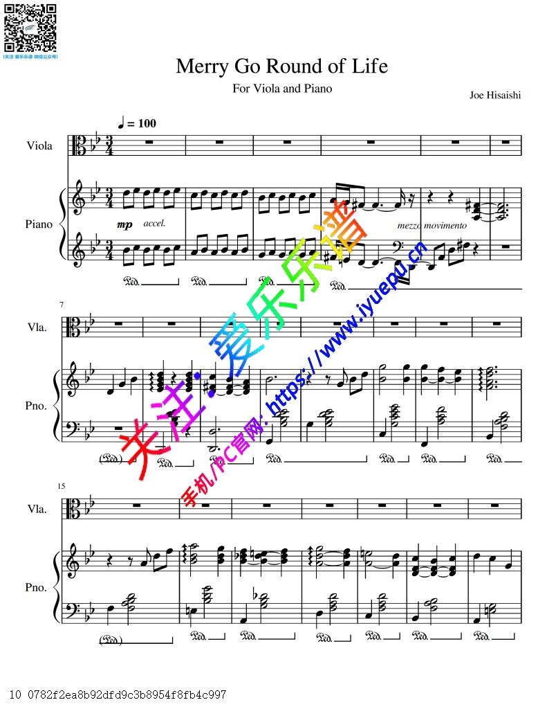 久石让 宫崎骏 哈尔的移动城堡主题曲 人生的旋转木马  Merry-Go-Round of Life 中提琴谱与钢琴伴奏谱V1 乐谱曲谱总谱分谱伴奏音乐在线预览试听下载