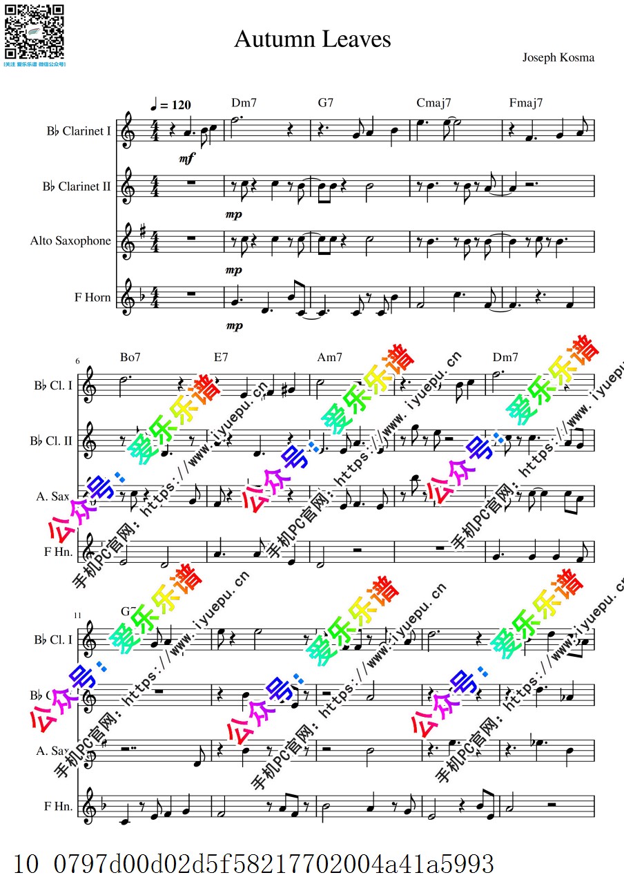 秋叶 Autumnn Leave 2单簧管中音萨克斯圆号 四重奏 总谱分谱 乐谱曲谱总谱分谱伴奏音乐在线预览试听下载