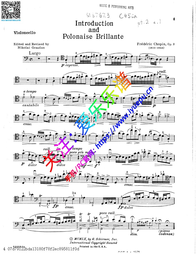 Chopin肖邦C大调引子与辉煌的波兰舞曲 Polonaise Brillante Op3 大提琴谱  G. Schirmer 乐谱曲谱总谱分谱伴奏音乐在线预览试听下载