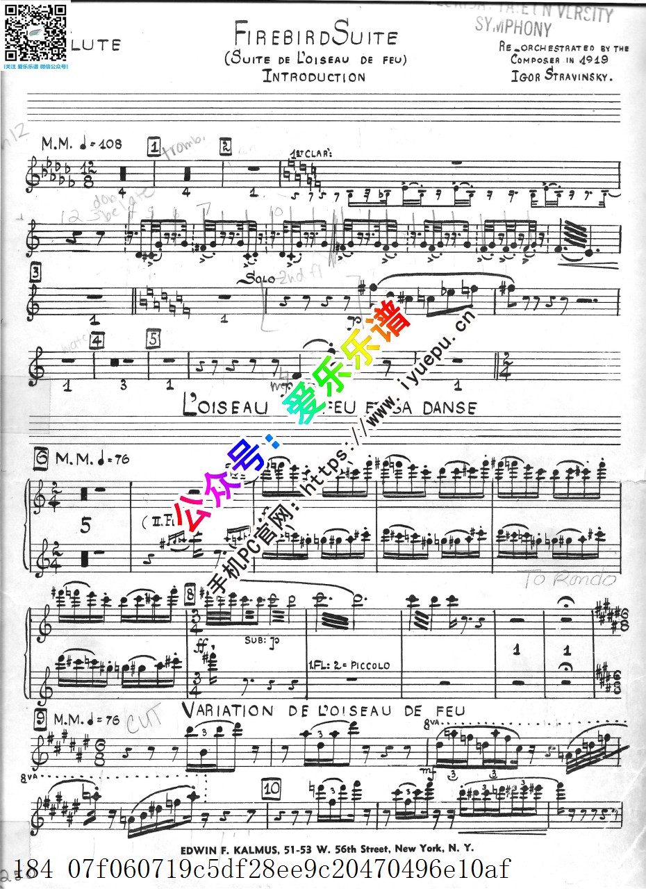 火鸟组曲The Firebird Suite 斯特拉文斯基Stravinsky Igor 交响乐 管弦乐队 分谱1919版 乐谱曲谱总谱分谱伴奏音乐在线预览试听下载