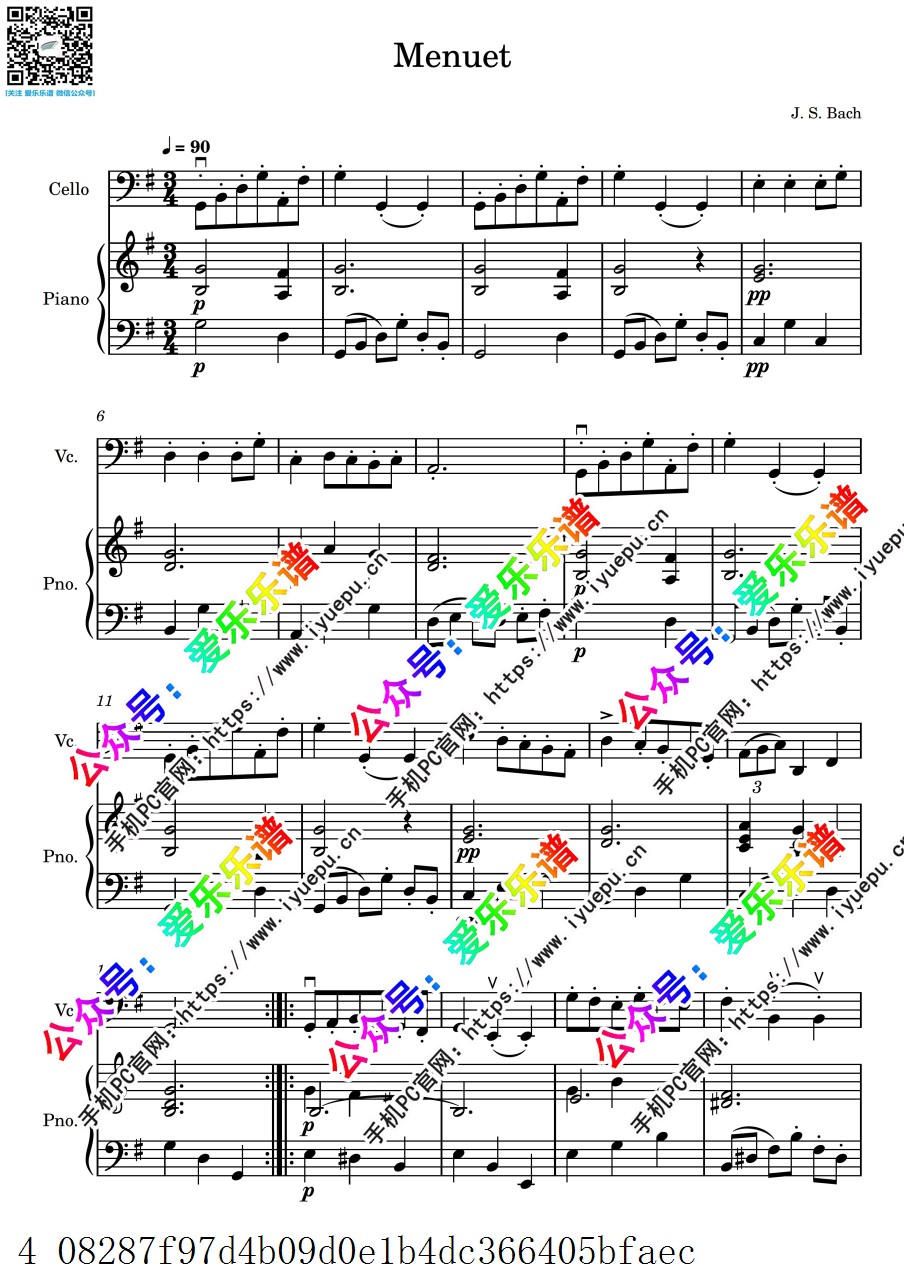 巴赫G大调第二小步舞曲 Menuet 大提琴谱与钢琴伴奏谱 乐谱曲谱总谱分谱伴奏音乐在线预览试听下载