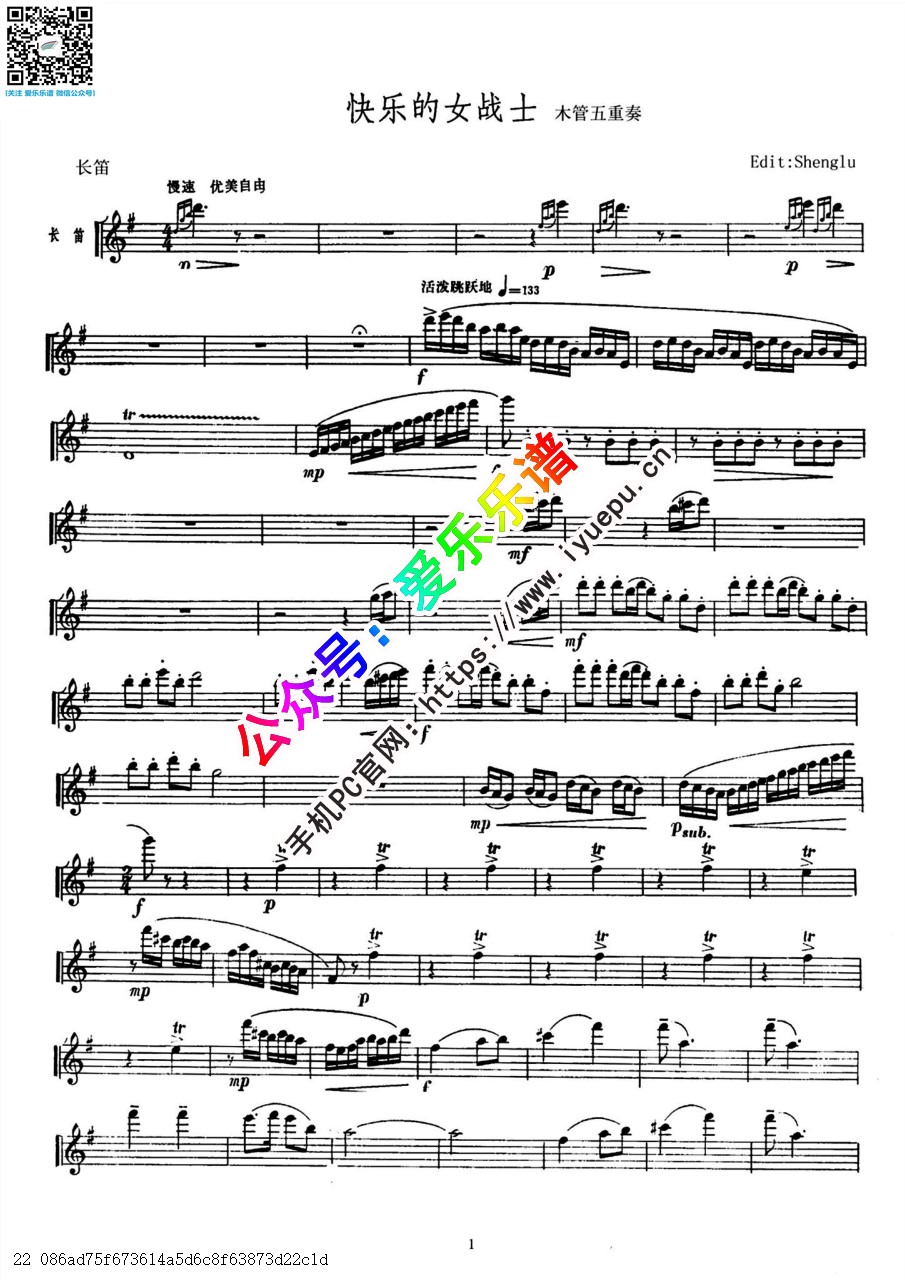 快乐的女战士 木管五重奏 分谱 总谱 乐谱曲谱总谱分谱伴奏音乐在线预览试听下载