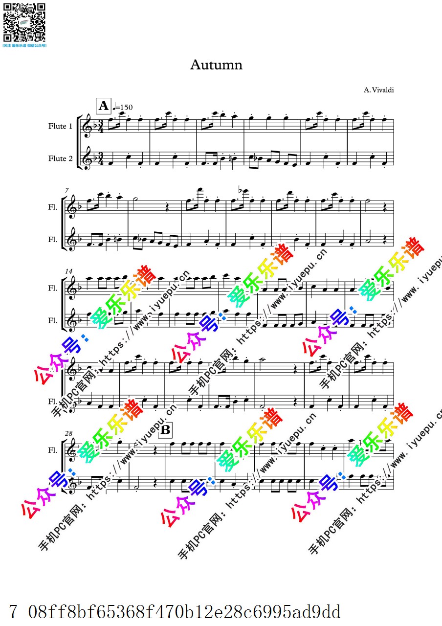 Vivaldi 维瓦尔第 Autumn  四季-秋 第一乐章 双长笛二重奏 官版 总谱分谱 乐谱曲谱总谱分谱伴奏音乐在线预览试听下载