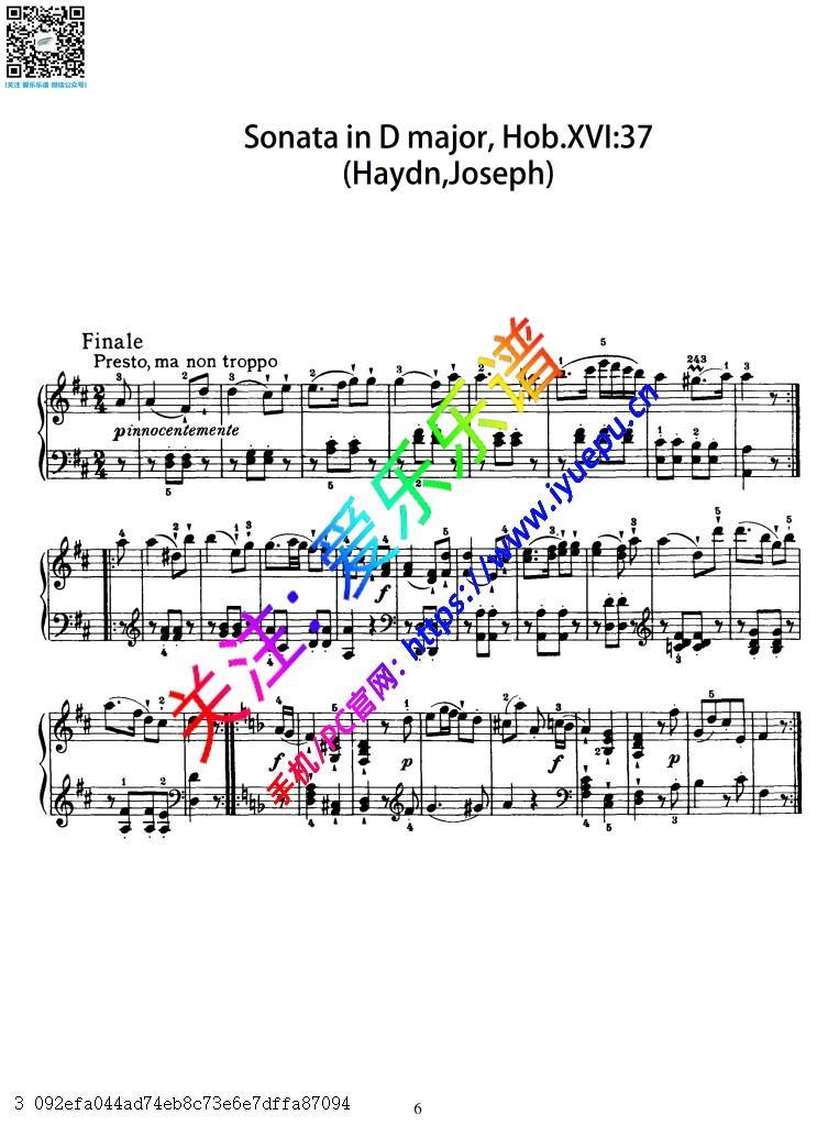 Haydn海顿D大调奏鸣曲 No50 HobXVI 37 第三乐章 急板presto 钢琴谱-1 乐谱曲谱总谱分谱伴奏音乐在线预览试听下载