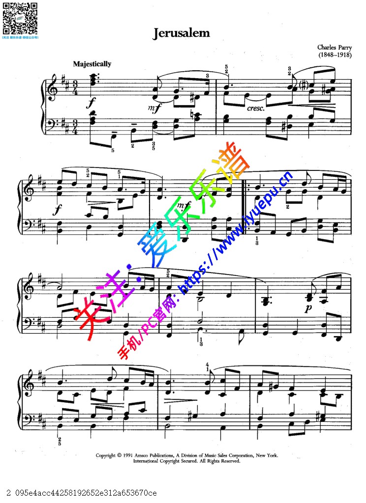 查尔斯·帕里 Charles parry 耶路撒冷 Jerisalem 钢琴谱 乐谱曲谱总谱分谱伴奏音乐在线预览试听下载