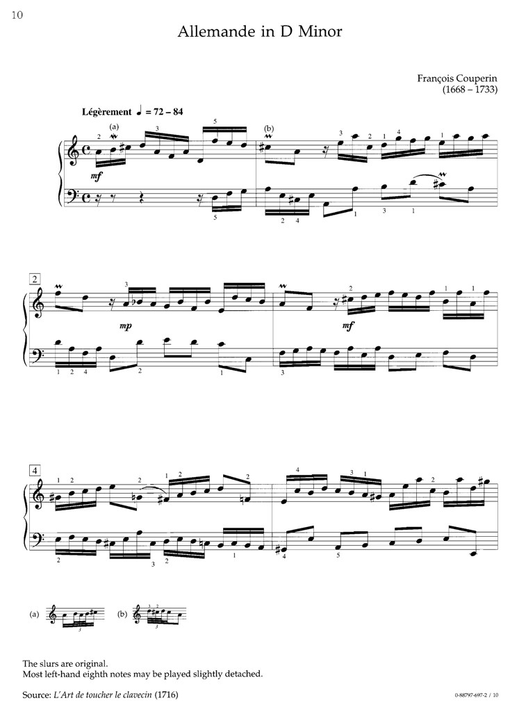 库普兰Couperin D小调阿勒曼德舞曲Allemande 钢琴谱 乐谱曲谱总谱分谱伴奏音乐在线预览试听下载