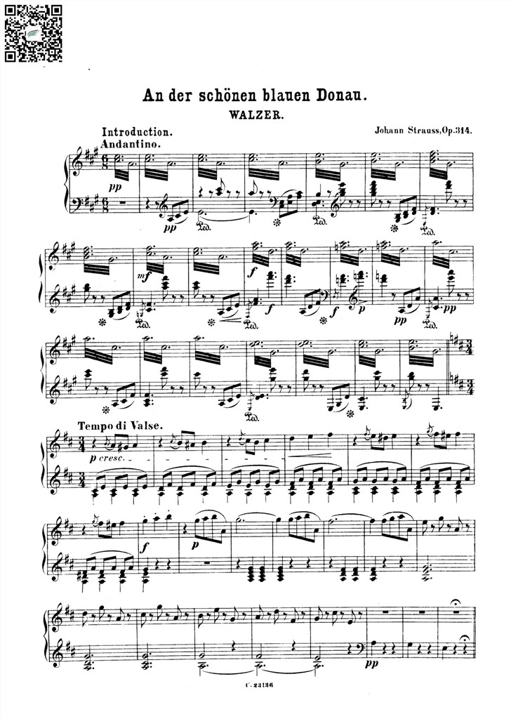 约翰施特劳斯 蓝色多瑙河圆舞曲Op314 钢琴谱pdf 乐谱曲谱总谱分谱伴奏音乐在线预览试听下载