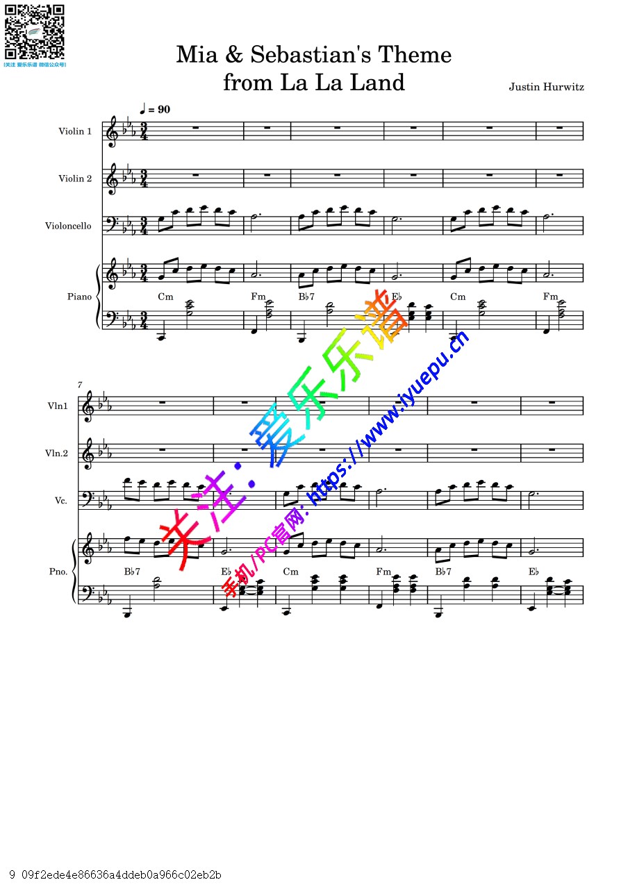La La Land 爱乐之城插曲 Mia and Sebastian's Theme 2小提琴1大提琴钢琴四重奏-总谱与分谱 乐谱曲谱总谱分谱伴奏音乐在线预览试听下载