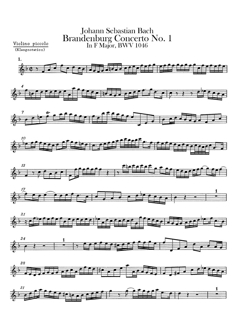 巴赫第一勃兰登堡协奏曲BWV1046 管弦乐队谱 Violino piccolo分谱 乐谱曲谱总谱分谱伴奏音乐在线预览试听下载
