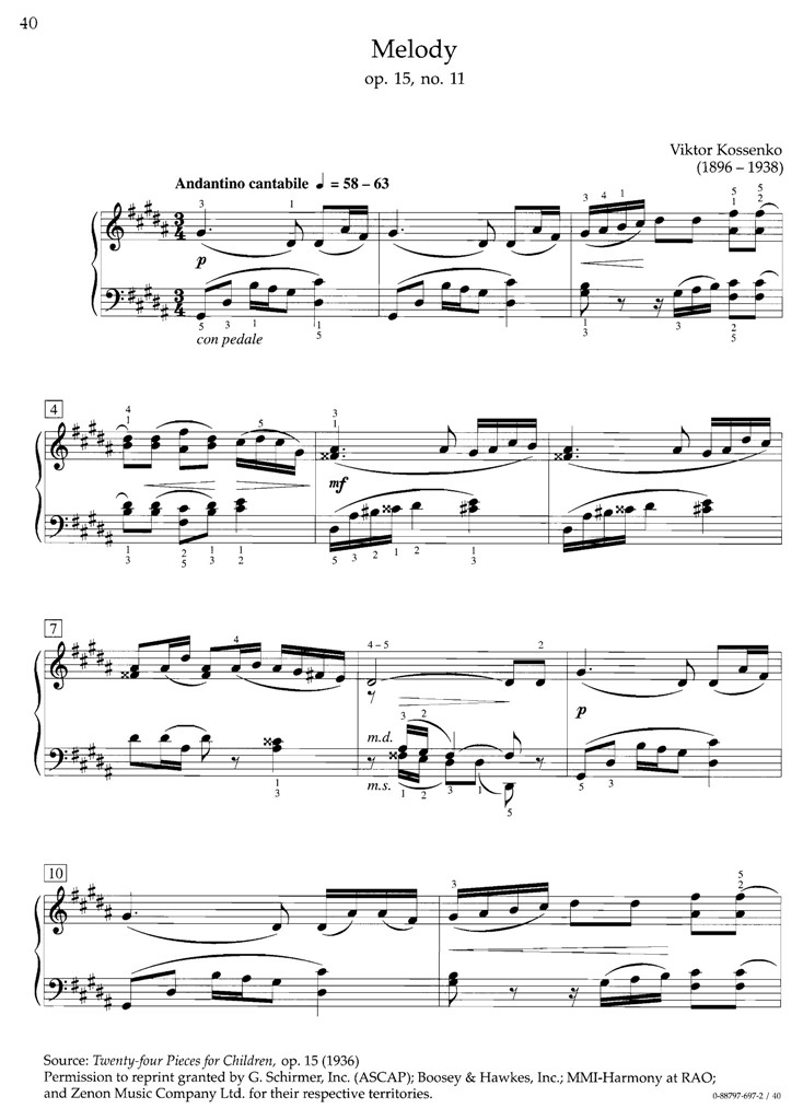 Kossenko 旋律 melody Op15No11 钢琴谱 乐谱曲谱总谱分谱伴奏音乐在线预览试听下载