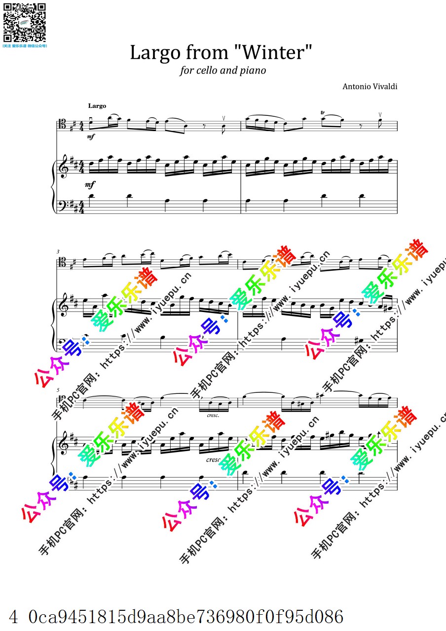 Vivaldi维瓦尔第 Largo from Winter RV297 四季 冬-广板 大提琴谱与钢琴伴奏谱 乐谱曲谱总谱分谱伴奏音乐在线预览试听下载