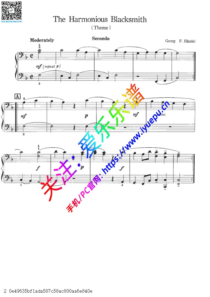 亨德尔 快乐的铁匠The harmonious blacksmith钢琴四手联弹谱 钢琴二重奏谱 乐谱曲谱总谱分谱伴奏音乐在线预览试听下载