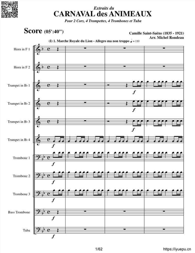 圣桑 动物狂欢节序曲狮王进行曲大象林中杜鹃化石 2圆4小4长1大 铜管重奏总谱分谱 乐谱曲谱总谱分谱伴奏音乐在线预览试听下载