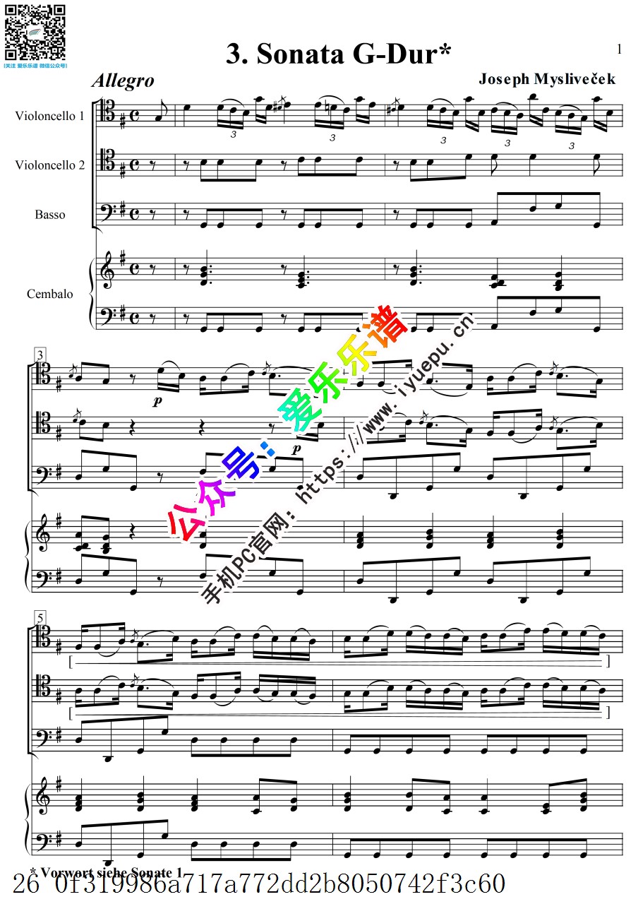 Josef Myslivecek约瑟夫-米斯利维切克 Sonata No.3 in G major G大调奏鸣曲 双大提琴男低音钢琴 重奏谱 总分谱 乐谱曲谱总谱分谱伴奏音乐在线预览试听下载