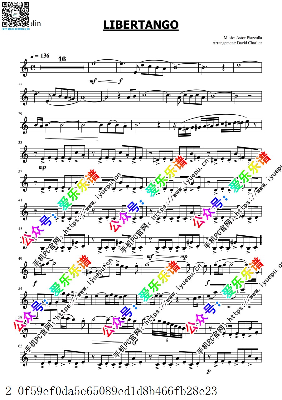 皮亚佐拉 Libertango 自由探戈 小提琴 V1 乐谱曲谱总谱分谱伴奏音乐在线预览试听下载