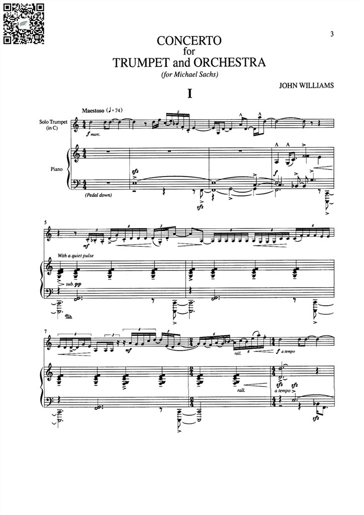 约翰·威廉斯 小号协奏曲 小号与钢琴伴奏总谱 John Williams - Trumpet Concerto - Piano Reduction 乐谱曲谱总谱分谱伴奏音乐在线预览试听下载
