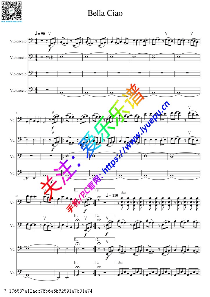 《桥》主题曲 Bella Ciao 啊朋友再见 4大提琴四重奏-总谱与分谱 乐谱曲谱总谱分谱伴奏音乐在线预览试听下载