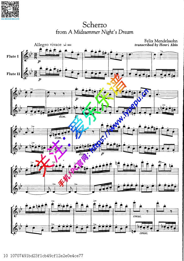Mendelssohn 门德尔松 仲夏夜之梦-谐谑曲Scherzo 双长笛二重奏总谱 乐谱曲谱总谱分谱伴奏音乐在线预览试听下载