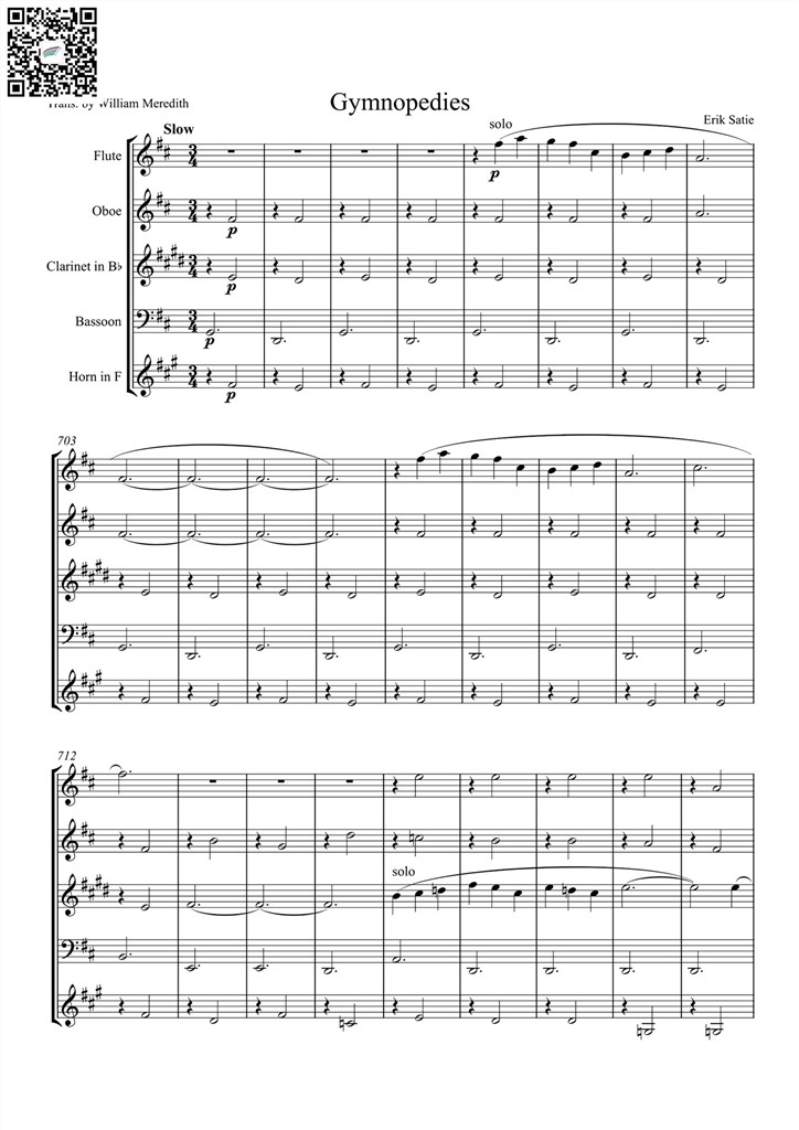 莫扎特 Gymnopedies 木管五重奏总谱 乐谱曲谱总谱分谱伴奏音乐在线预览试听下载