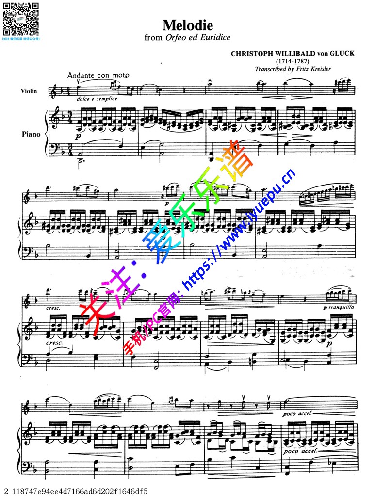 克莱斯勒Fritz Kreisler-Melodie from Orfeo ed Euridice-Christoph Willibald von Gluck小提琴钢琴伴奏谱 乐谱曲谱总谱分谱伴奏音乐在线预览试听下载