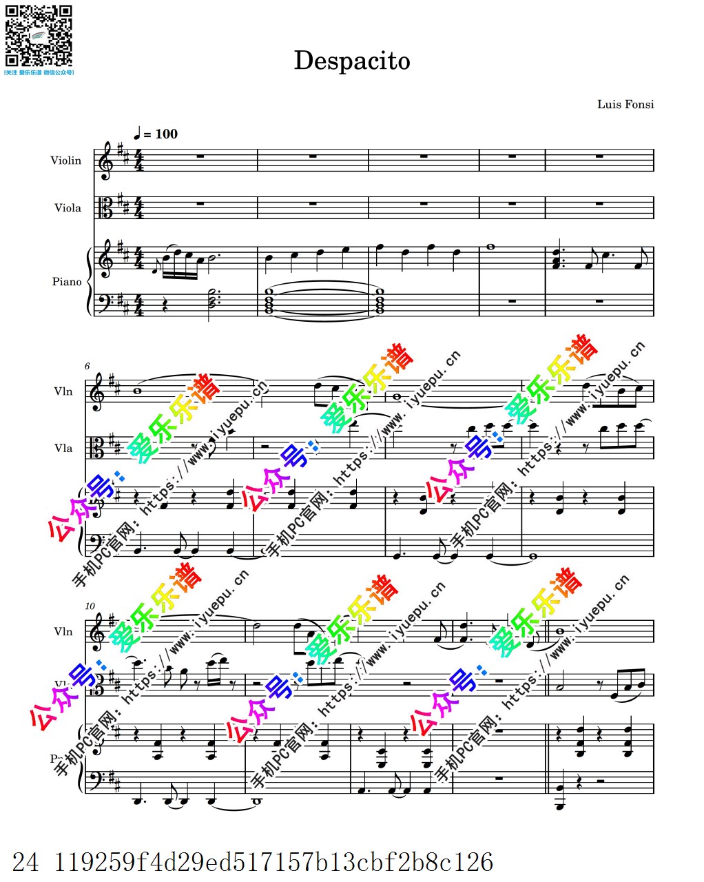 神曲 Despacito - Luis Fons 小提琴中提琴钢琴三重奏 -总谱分谱 乐谱曲谱总谱分谱伴奏音乐在线预览试听下载