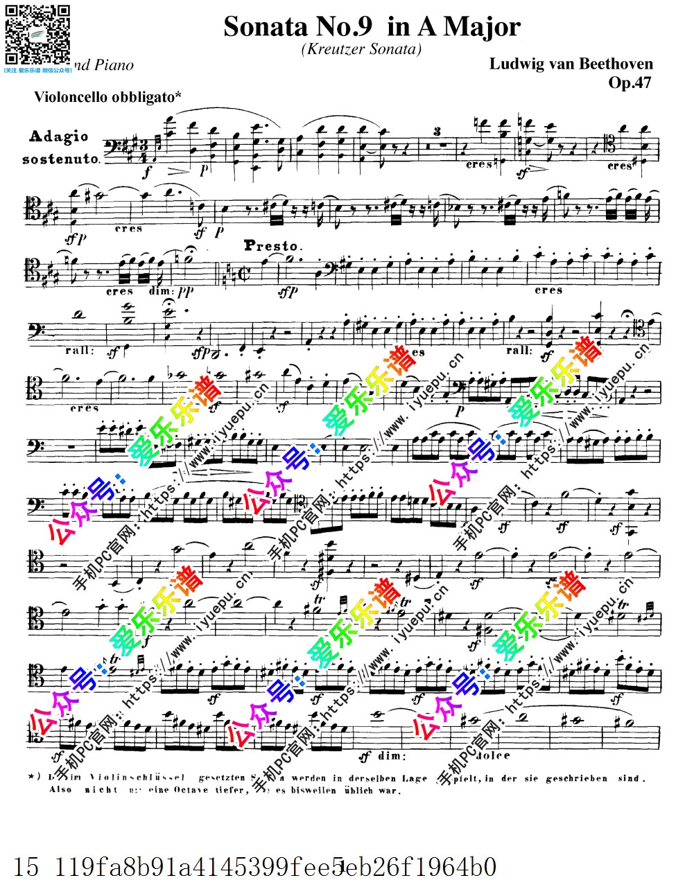 贝多芬克莱采奏鸣曲 Beethoven Kreutzer Sonata No9 Op47 大提琴分谱V1 乐谱曲谱总谱分谱伴奏音乐在线预览试听下载