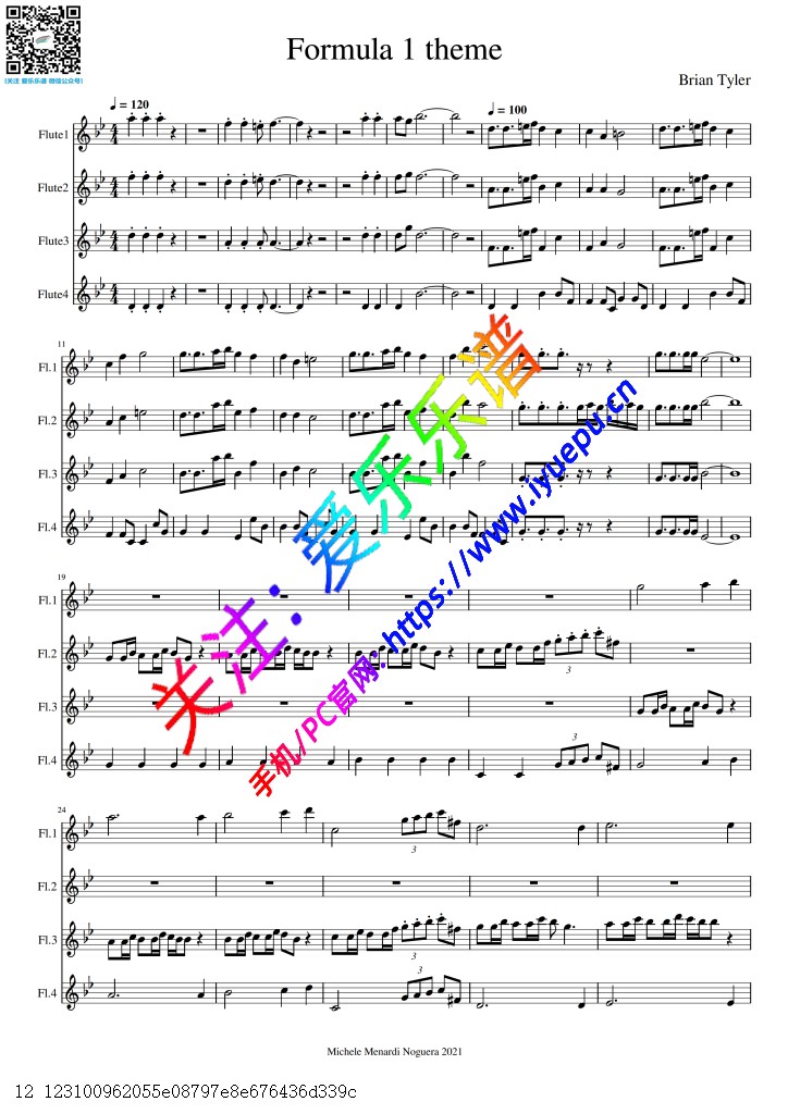 Formula 1 Theme 世界一级方程锦标赛F1主题曲 4长笛四重奏 -总谱与分谱 乐谱曲谱总谱分谱伴奏音乐在线预览试听下载