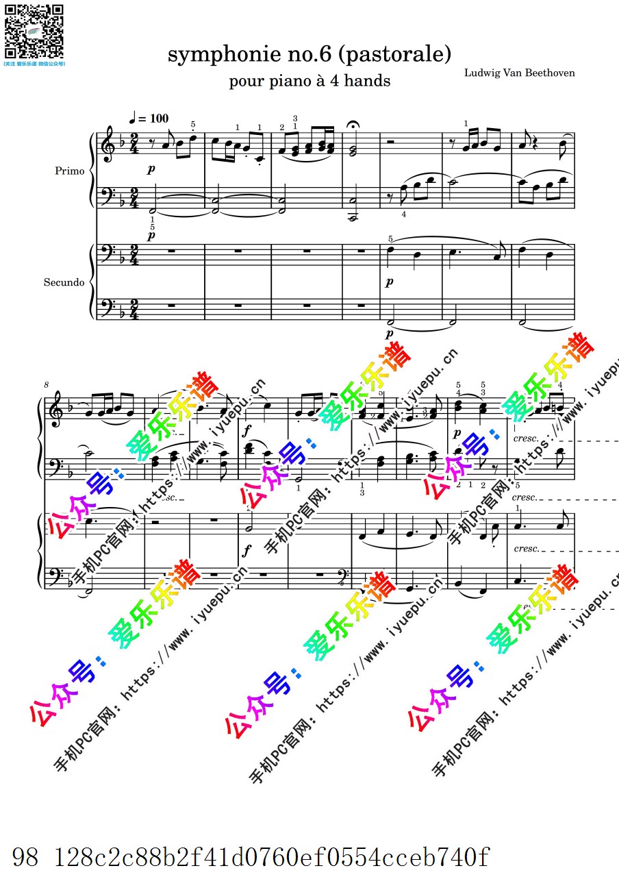 Beethoven symphonie no6 pastorale 贝多芬田园交响曲 第一乐章 四手联弹钢琴  -总谱和分谱 乐谱曲谱总谱分谱伴奏音乐在线预览试听下载