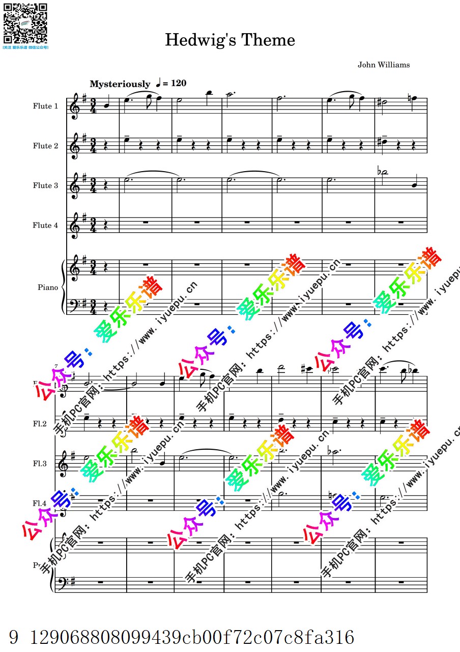 哈利波特主题曲 Hedwig's Theme 海德薇的主题 4长笛与钢琴 五重奏 -总谱分谱 乐谱曲谱总谱分谱伴奏音乐在线预览试听下载