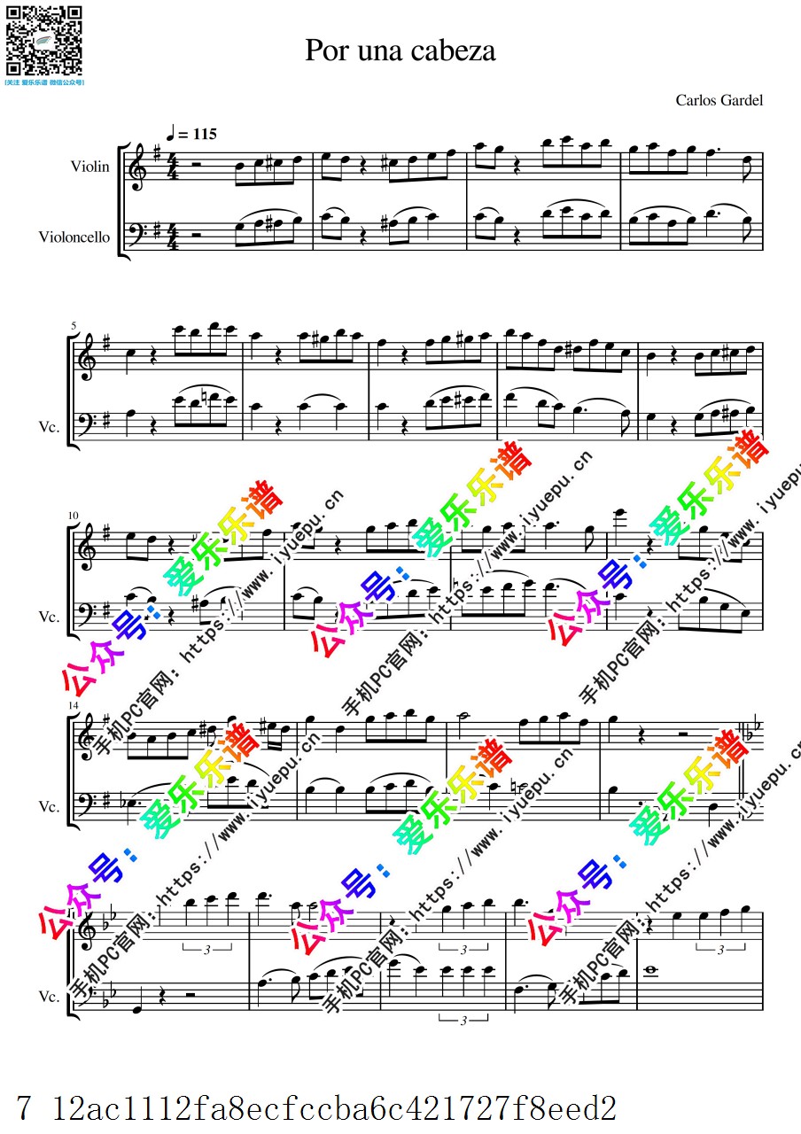 一步之遥 Por Unacabeza 闻香识女人 小提琴大提琴二重奏 V2-总谱和分谱 乐谱曲谱总谱分谱伴奏音乐在线预览试听下载